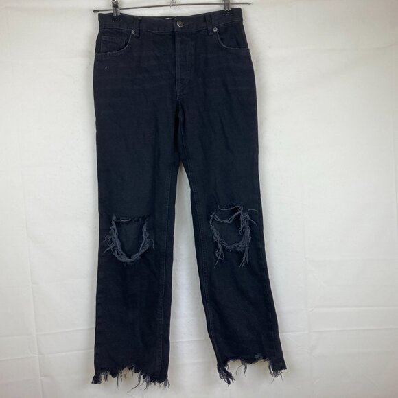 FREE PEOPLE Sz 25 Maggie Black Distressed Jeans Raw Hem Button Fly Mid Rise - Picture 2 of 8